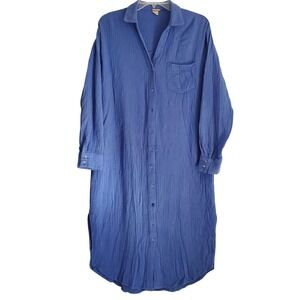 Magaschoni Shirt Dress Womens Medium Blue Organic Cotton Button Front Maxi Midi